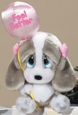 Sad Sam and Honey are sure to put a smile on the face of those not feeling their best.  The adorable Basset Hounds are cuddly soft plush stuffed animals carrying Balloons with Feel Better wishes.