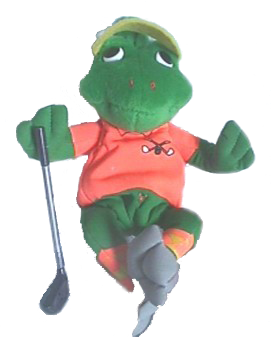 Unique golf gifts from adorable stuffed animal frog golfers dressed in a visor and carrying a club.