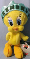 Warner Brothers Studio Store Bean Bag Plush Statue of Liberty Tweety - tag has a picture of NY city with the twin towers 9 inches