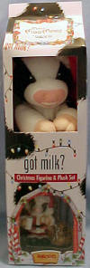 Mary's Moo Moos Christmas Got Milk? Plush and Figurine Plush 8" Figurine 3 1/4 inches wide 3 1/4 inches high 2 1/4 inches deep Milk Carton 4 inches wide 5 inches deep 14 inches high