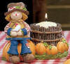 Gund Harvest Friend Scarecrow with Barrel Votive Candy Holder 5 1/2 inches high 6 1/2 inches wide 4 1/2 inches deep