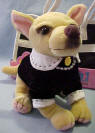Legally Blonde Chihuahua Bruiser Black Velvet - This adorable Bruiser comes in a black&nbsp;with white trim carry bag which can be zipped closed to hide Bruiser.  Bruiser is wearing a classy black velvety outfit with white and black trim.  It is also trimmed with a gold button and crystal necklace.&nbsp; Bruiser comes in its very own puppy dog carrying case.  The outfit on Bruiser is removable. 7 1/4 inches long 7 inches high with a 2 1/2 inch tail