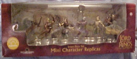 Set includes - Uruk-Hai Soldier, King Theoden, Aragorn, Elven Warrior, Uruk-Hai Berserker, Eomer, and the Warg Rider with bonus Sharku figure. Sharku the Warg Rider is available only in this deluxe collection! (figures & box shown above) All complete in a Collector Box. average size of Figurine 4 1/2 inches