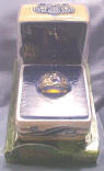 Elrond - Vilya, The Ring of Air The Ring is a sapphire blue color oval stone set in a gold ornate band. The box is a square shaped with an interesting deep blue ornate decorations.