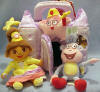 Dora the Explorer Fairytale Castle Playset - The playset includes: Fairytale Princess Dora, Boots, a star with a magic wand and a crown. These adorable characters come in a velvety lilac and purple castle carrying case. The castle has a velcro door in the front and a zipper top to access the toys inside. The tag is a short story "Once Upon A Time..." Dora 6 inches Boots 5 1/2 inches Star 3 1/2 inches