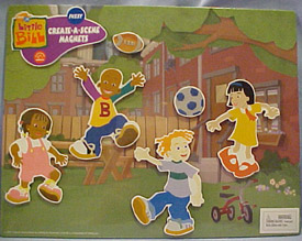 Nickelodeon's Little Bill Create A Scene Magnet Set - Little Bill, Andrew, Kiku, Fuschia, Football and Soccer Ball- a 8 3/4" x 11" magnetic board with magnetic characters that stick to any metal surface. Little Bill 3 1/2", Andrew 4", Kiku 3 1/2", Fuschia 3 1/2", 1" Football and Soccer Ball