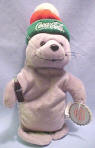 Coca Cola Bean Bag Plush #0114 Seal w/ Red & Green Ski Hat (from the Winter of 1998 Set)   9 1/2 inches