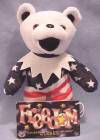 Liquid Blues' Grateful Dead Bean Bear Freedom - Birthday 7/4/87 at Schaefer Stadium Tour Memory "There's something special about being in Massachusetts on July Fourth, especially for a Dead show with Dylan on the bill. The Dead played first and crammed two sets into one. Everybody got the ball, including Brent on "Tons of Steel", and Phil on "Box." The last set was Dylan and the boys. "I'll Be Your Baby Tonight" with Jerry on pedal steel was precious. So is being a deadhead in America." 8 inches tall