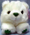 Puffkins Bean Bag Plush Patty the White "Luck" Bear&nbsp; 3/16/98  Patty walks among shamrock gardens. Greeting each sunrise, "Top o' the mornin'!"  With a passion for rainbows and where they may lead, Shamrocks and rainbows fulfill Patty's needs.  (Retired)  5 inches