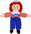 Large Plush Raggedy Andy Rag Doll - This 17" Classic Raggedy Andy wears a red gingham top, blue trousers with buttons and a blue bow on his collar. Raggedy Andy also has an embroidered heart on his chest with "I Love You" in the center. "Raggedy Andy" is embroidered on his sailor hat. Classic dolls have button eyes and embroidered facial features.  (safe for ages over 3)