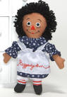 Plush Raggedy Ann Ethnic Rag Doll - Ann is dressed in a navy with white flowers on it dress and white apron.  12 inches safe for ages over 3