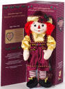 2003 Raggedy Andy Sugar Plum Fairy - Andy is FABULOUS dressed in burgundy velvet knickers with suspenders.  His shirt is silky gold lame.  He is wearing a burgundy velvet hat trimmed in silky gold lame.  He is truly elegant!  19 inches tall