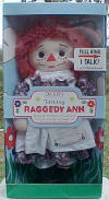 Special Collector's Edition Talking Raggedy Ann - Raggedy Ann Knickerbocker Reproduction Boxed Doll.  Raggedy Ann is stylized after the original 1972 Raggedy Ann Knickerbocker doll and packaging.  There is a Certificate of Authenticity with each one which reads:  This is to certify that this collectibles is No._____ in a special authorized series produced by Dakin in 2000.  She  is wearing a flowered dress with a white apron and white pantaloons.  It says 8 different phrases when you pull the string in its back:  "I'm Raggedy Ann", "You're my friend", "Let's play together", "I love you so much", "My Friend is Raggedy Andy", "See My Candy Heart", "I Like talking to you" and "Give me a big hug"  19 inches