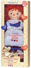 Applause Dakin Limited Edition 2002 National Toy Hall of Fame Raggedy Ann Rag Doll - Special Commemorative Raggedy Ann National Toy Hall of Fame Edition. On March 27, 2002, Classic Raggedy Ann was selected to join previous winners like roller skates, jacks and bicycles in the prestigious Toy Hall of Fame. The National Toy Hall of Fame in Salem, Oregon was established in 1998 to recognize toys that have inspired generations to learn and create, which benefits a timeless toy like Raggedy Ann. This doll is a commemorative piece honoring Raggedy Ann's timeless appeal.  This Raggedy Ann is a 20" Georgene 1940's style rag doll. She has a printed, rounded, more friendly face and flat shoe button eyes.