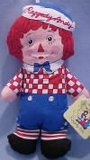 Raggedy Andy Bean Bag Plush Ornament - he has a hook loop on the top of his head to hang on the tree 7 1/2 inches high