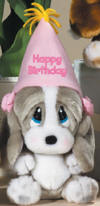 Sad Sam's Honey Gray and White Basset Hound Plush with a Pink Happy Birthday Hat - (safe for ages 3 & up) 6 inches plus hat