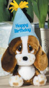 Sad Sam Brown and White Basset Hound Plush with a Blue Happy Birthday Hat - (safe for ages 3 & up) 6 inches plus hat