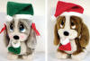 Christmas Sad Sam and Honey Santa Elf Basset Hounds with Stockings - Sam is wearing a red velvety Santa hat with white faux fur trim.  He is holding a matching stocking which can be filled with goodies. Honey is wearing a green velvety Elf hat with white faux fur trim and red bows on her ears.  She is holding a matching stocking which can be filled with goodies.  (safe for ages over 3) 9 inches high each