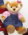 Blue Jean Teddy's Blossom - Blossom is a SOFT plush and very cuddly Teddy. She is wearing a pink shirt and a "denim" Bib Overall dress, which are not removable. Safe for ages 18 months + 13 inches