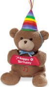 Gund Musical Happy Birthday Wishes Teddy Bear plays Happy Birthday Too You when you push his tummy  6 inches high with a 2 1/2 inch hat