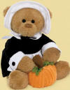 Gund Bonnie Pilgrim Teddy Bear with Pumpkin  Bonnie is wearing a black Pilgrim's dress with white collar and cuffs.  On her head is a white bonnet.  Bonnie is holding a pumpkin between his paws.  safe for all ages  6 1/2 inches