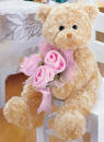 Gund Teddy Bear with Pink Flower Bouquet The Teddy Bear is made from a ultra soft plush material. The flowers are velvety soft and arranged with netting and matching bow.  13 inches