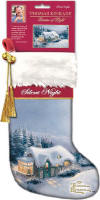Thomas Kinkade 'Silent Night' Limited Edition Christmas Stocking - The top of the stocking is white faux fur, then a red velvety stripe with the name of the stocking embroidered in white, and the rest is a SOFT brushed material. There is gold trim embroidered between the colors and textures. The Kinkade logo is embroidered with shiny gold threads onto the toe of the stocking. There is a red velvety hanger attached at the top to use to hang the stocking by the chimney with care! There is a gold tassel with a jingle bell attached to it.