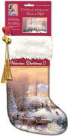 Thomas Kinkade 'Victorian Farm II' Limited Edition Christmas Stocking - The top of the stocking is white faux fur, then a red velvety stripe with the name of the stocking embroidered in white, and the rest is a SOFT brushed material. There is gold trim embroidered between the colors and textures. The Kinkade logo is embroidered with shiny gold threads onto the toe of the stocking. There is a red velvety hanger attached at the top to use to hang the stocking by the chimney with care! There is a gold tassel with a jingle bell attached to it. 15 inches