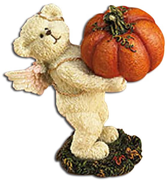 2nd Edition Boyds' Lil' Wings Punky Angel Bear with Pumpkin Thanksgiving Figurine - 2nd Edition - introduced Fall 2005 and has been retired - Is this one big enough? A lil' autumn-time angel bear offers up assistance to help folks find the perfect pumpkin for a harvest happening! - Quote: "One never knows what each day is going to bring." - Henry Moore