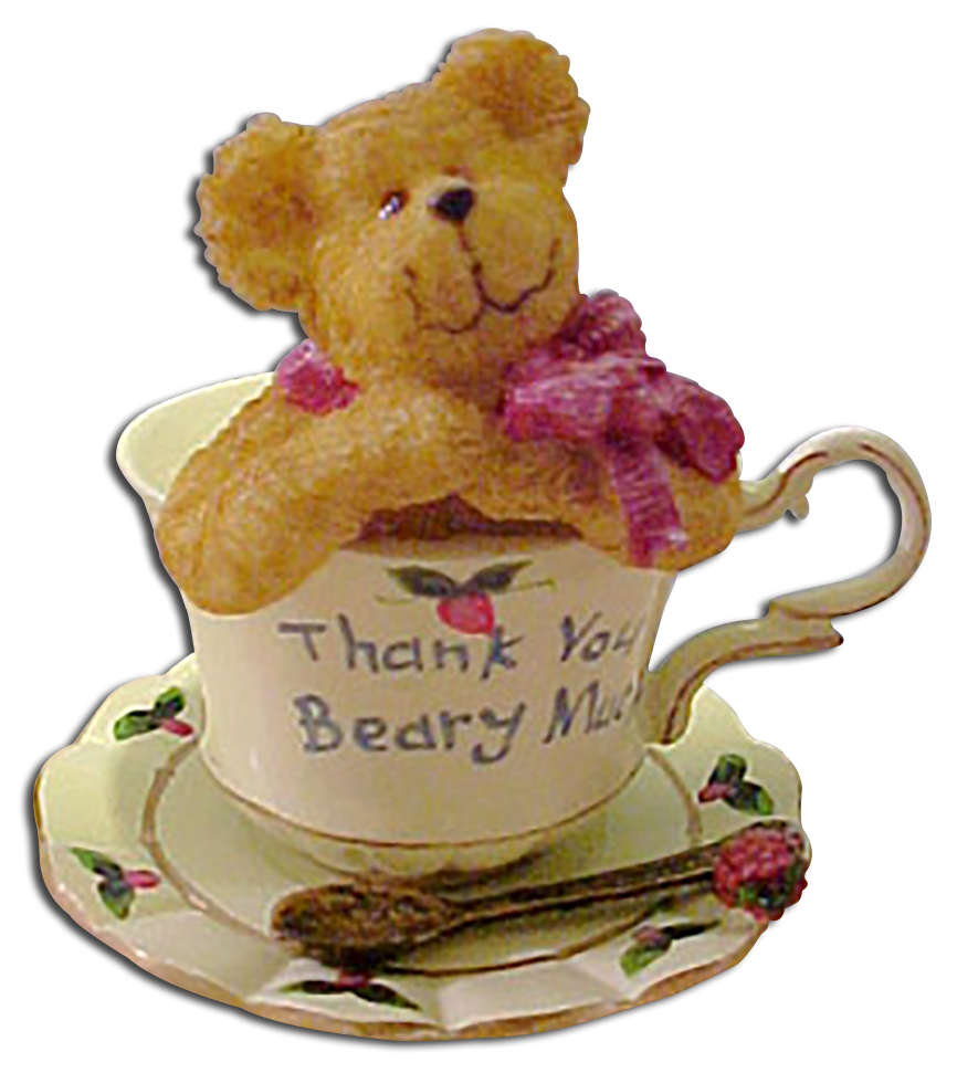 Boyds Teabearies Collection was introduced in 2002. Whimsical Resin Teddy Bear Figures inside of Tea Cups giving warm Thank You wishes to all they touch!