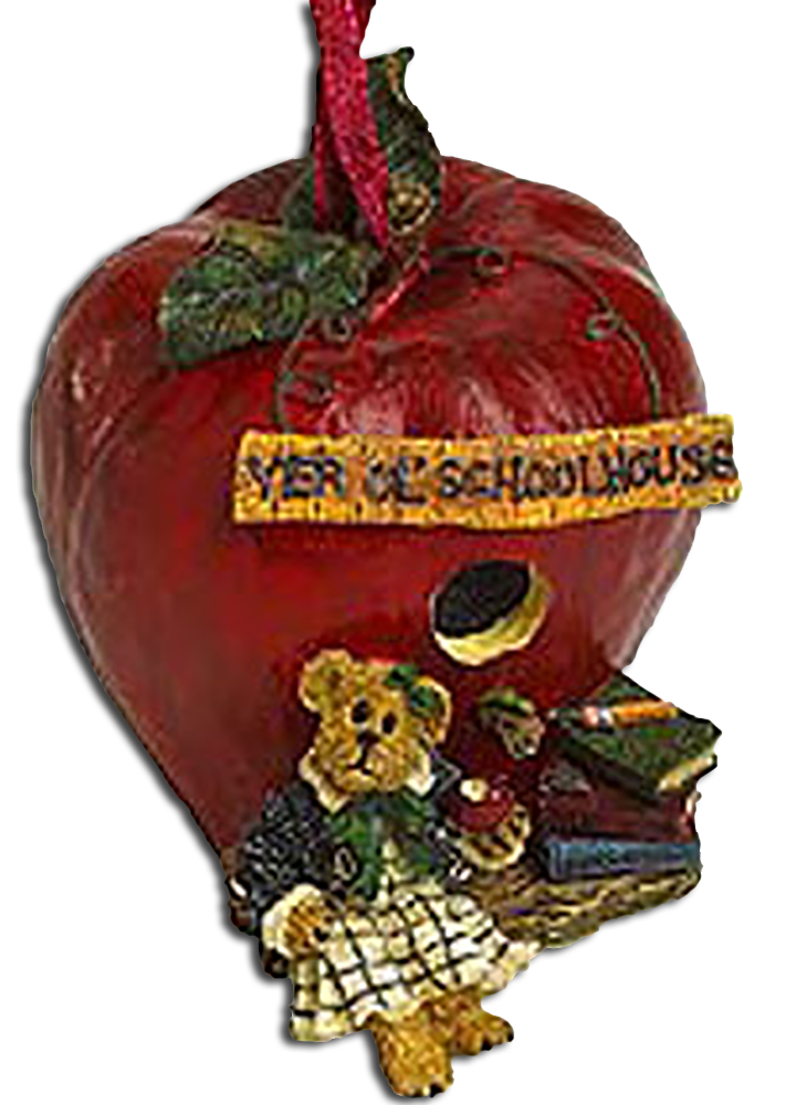 The adorable Boyds' Baubles and Trinkets are even for the Teacher! The Teacher teddy bears sit outside their birdhouse ornaments.