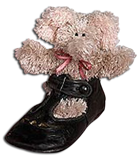 Boyds Bearfoot Friends plush teddy bears, jungle animals, ducks, lambs, bunny rabbits and puppy dog in replica old time baby shoes are adorable cold cast resin shoes with soft plush animals inside.