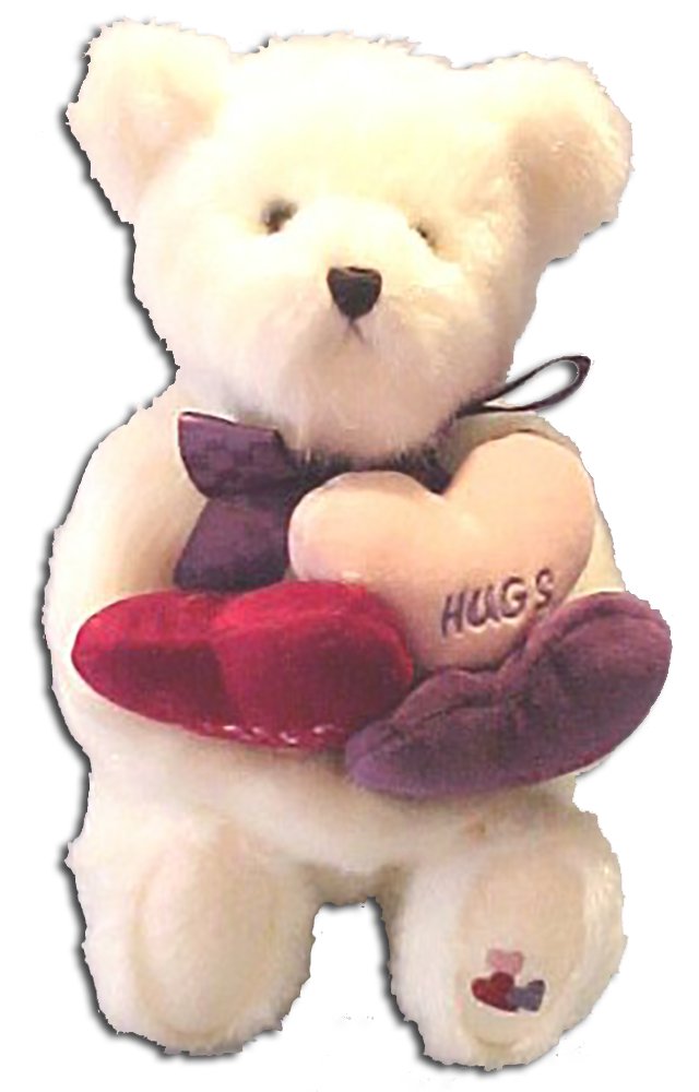 Boyds Oliver Bearlove White Teddy Bear Boyds Oliver Bearlove White Teddy Bear - introduced in Fall 2002 and has been retired - This BEAUTIFUL Shiny White Bear has jointed arms, legs, and head. It has a purple silky ribbon tied in a bow around its neck. it haw 3 hearts embroidered on the bottom of its left foot. It is holding 3 velvety hearts Lilac ones says 'Hugs', Red one says 'Kisses', and Purple ones says 'Be Mine'. It has beautiful green eyes and an embroidered black nose. - safe for ages over 3