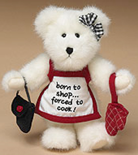 Boyds Dinah Out White Teddy Bear "Born to Shop Forced to Cook" Boyds Dinah Out White Teddy Bear "Born to Shop Forced to Cook"
- introduced Spring 2004 and has been retired
- For your favorite shopaholic! This white bear wears a gingham ear bow, an embroidered apron, a black velvet purse with ribbon rosette, and a quilted oven mitt.
- pose-able