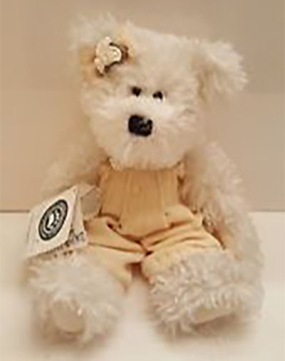 Boyds Aissa Witebred White Teddy Bear Boyds Aissa Witebred White Teddy Bear
- introduced Spring 2000 and has been retired
- Softer than a cloud...sweeter than Easter Candy...Boyds' powder white Chenille Bear inspires love at First Sight with her Pastel Perfection. Aissa, in her Lemon Yellow romper (made from the softest velvet) is as warm and fuzzy as the Sunshine on a bearrific Spring Day.