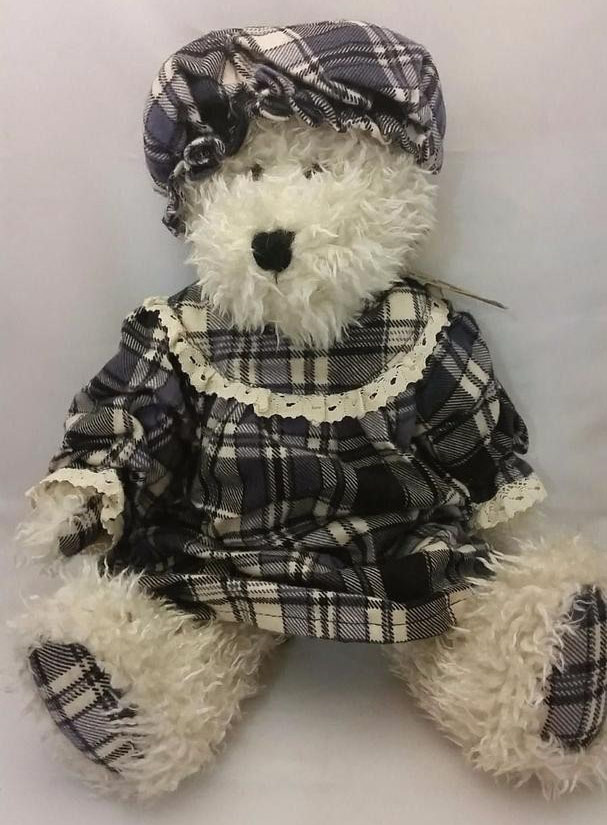 Boyds Grace Bedlington White Teddy Bear Boyds Grace Bedlington White Teddy Bear
- introduced Fall 1999 and has been retired
- With a cozy plaid Flannel Nightie (just like you used to wear as a little cub) and a Mob Cap to protect her 'Do, Grace is all set for a doozie of a Winter's Nap.
- She has soft white Chenile fur.