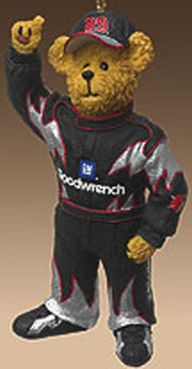 Boyds Teddy Bears dressed in Kevin Harvick NASCAR jumpsuits and t-shirts in plush and Resin Christmas Ornaments.