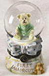 Front view of Baby Boyds Lil Globe Treasure Box Locksley B Bear Blue First Haircut  - &nbsp;(introduced Spring 2005) A cherished keepsake that will become more cherished when you safely stash a snip of baby boy's hair in the treasure box after he goes for that milestone first clip!  Inside box lid reads:  "SMILE" and "First Haircut" (not a toy) 3 1/4 inches