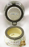 Open view of Baby Boyds Lil Globe Treasure Box Locksley B Bear Blue First Haircut - (introduced Spring 2005) A cherished keepsake that will become more cherished when you safely stash a snip of baby boy's hair in the treasure box after he goes for that milestone first clip! Inside box lid reads: "SMILE" and "First Haircut" (not a toy) 3 1/4 inches