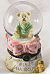 Front view of Baby Boyds Lil Globe Treasure Box Locksley G Bear Pink First Haircut  - &nbsp;(introduced Spring 2005) A cherished keepsake that will become more cherished when you safely stash a snip of baby girl's hair in the treasure box after she goes for that milestone first clip!   Inside box lid reads:  "SMILE" and "First Haircut" (not a toy) 3 1/4 inches