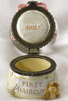Open view of Baby Boyds Lil Globe Treasure Box Locksley G Bear Pink First Haircut - (introduced Spring 2005) A cherished keepsake that will become more cherished when you safely stash a snip of baby girl's hair in the treasure box after she goes for that milestone first clip! Inside box lid reads: "SMILE" and "First Haircut" (not a toy) 3 1/4 inches