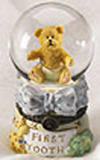 Front view of Baby Boyds Lil Globe Treasure Box Toofey B Bear Blue First Tooth  - &nbsp;(introduced Spring 2005) &nbsp;Create a keepsake to commemorate an important milestone for baby boy when you safely stash his first tooth inside the hinged box base of this mini waterball!  Inside box lid reads:  "DREAM" and "First Tooth" (not a toy)  3 1/4 inches