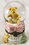 Front view of Baby Boyds Lil Globe Treasure Box Toofey G Bear Pink First Tooth  - &nbsp;(introduced Spring 2005) &nbsp;Create a keepsake to commemorate an important milestone for baby girl when you safely stash her first tooth inside the hinged box base of this mini waterball!  Inside box lid reads:  "DREAM" and "First Tooth" (not a toy)  3 1/4 inches