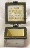 Open view of Baby Boyds Lil Globe Treasure Box Newby to record newborn height and weight introduced Spring 2005 A cherished memento of baby's homecoming...mini waterball features baby bear cub and stork. Personalize yourself with baby's name, birth date, weight and height and stash a special lil' sumptin' inside the treasure box! Inside box lid reads: A baby is God's way of saying the World should go on (not a toy) 3 1/4 inches