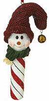 Boyds Bluster Snowman Dandycane Candy Cane Ornament - (introduced Fall 2003 and has been retired)  Bluster is a sweet snowman trinket to hang on the tree! This ornament features a sculpted Snow Dooode character-with stocking cap and dangling jingle bell accent-set atop a candy cane stick. Comes in its original box.  4 1/2 inches