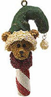 Boyds Bluster Dandycane Candy Cane Teddy Bear Ornament - (introduced Fall 2003 and has been retired)  This mini bear ornament features a sweet bear character-in stocking cap with dangling sparkle snowball accent-set atop a candy cane stick.  2 1/4 inches