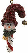 Boyds Rufus Snowman Dandycane Candy Cane Ornament - (introduced Fall 2003 and has been retired)  This mini snowman ornament features a sweet snowman character-in snowflake stocking cap with dangling sparkle snowflake accent-set atop a candy cane stick. 2 1/4 inches