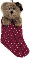 Boyds Plush Ornament in Stocking Cindy Lou Stuffins Mocha Teddy Bear - (Fall 2002 and has been retired)  A lil bear stuffin' in yer stockings! Our quilted stocking ornament, mocha bear Cindy Lou in red star print, makes a great gift or gift box topper!  8 inches