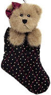 Boyds Plush Ornament in Stocking Peggy Sue Stuffins Beige Teddy Bear - (Fall 2002 and has been Retired)  A lil bear stuffin' in yer stockings! Boyds quilted stocking ornament, gold bear Peggy Sue in navy star print, makes a great gift or gift box topper!  8 inches