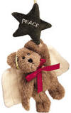 Boyds Plush Hanging Ornament P.B.  Starcatcher Mocha Angel Teddy Bear with Peace Star - (Fall 2002 and has been retired)  Catch a falling star...and share it with a friend! Boyds' Starcatcher angel bear P.B. features a cinnamon coat of plush, quilted and posable velvet wings, a gold cord ear band, and a star pillow embroidered with a special holiday sentiment.  5 inches